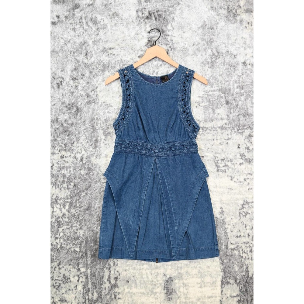 Free People Blue Chambray Denim Lattice Detail Sleeveless Peplum Dress